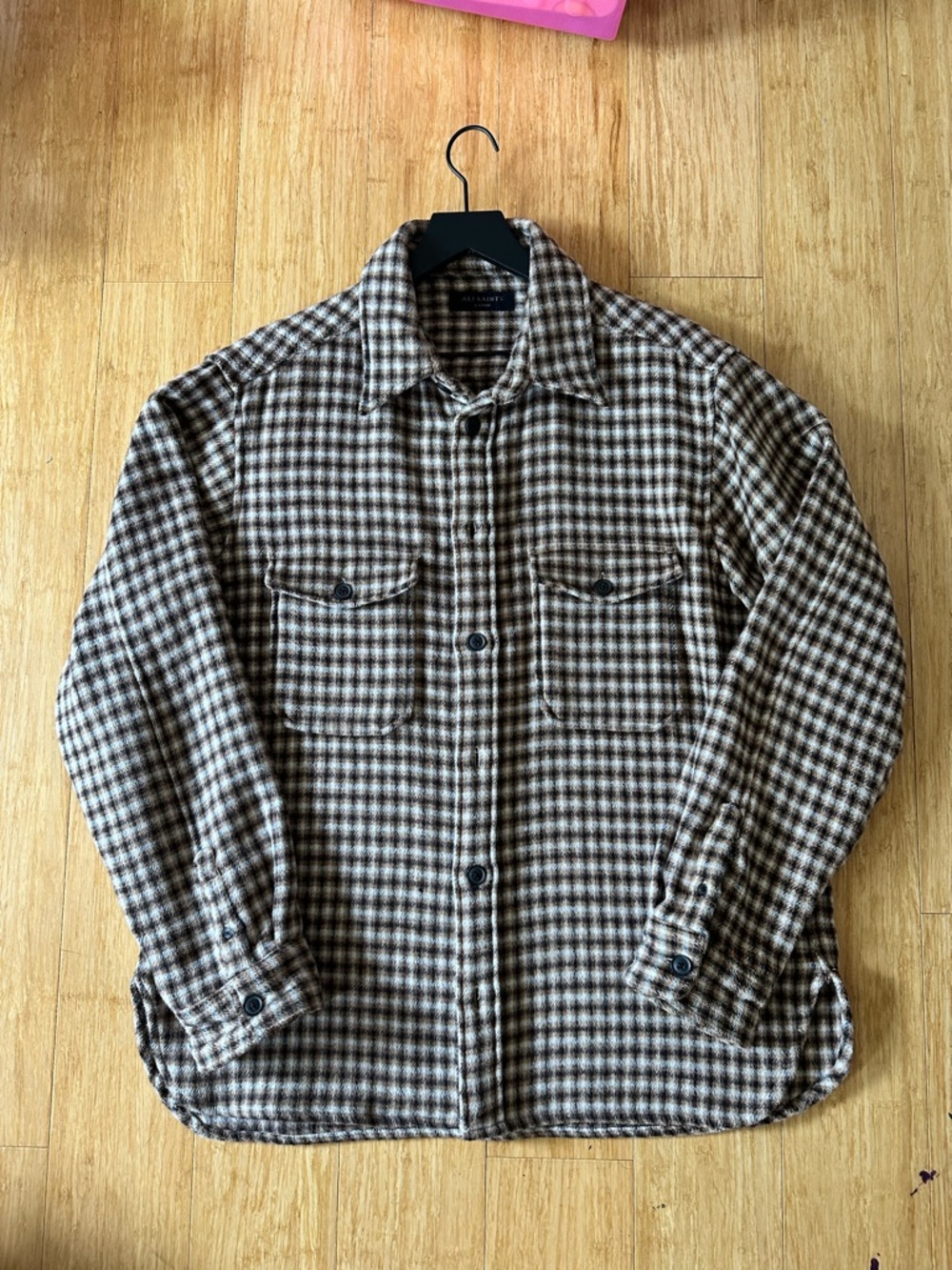 AllSaints Brown and Cream Plaid Button-Up Coat